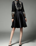 Long sleeve mid-length dress with embroidery and chiffon