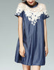 Short sleeve A-line denim dress with embroidery and beads