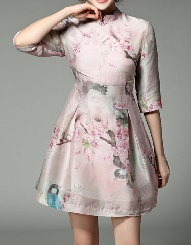 Printed short sleeve cheongsam with flared sides (more colours)