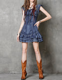 Denim short dress with embroidery and frills