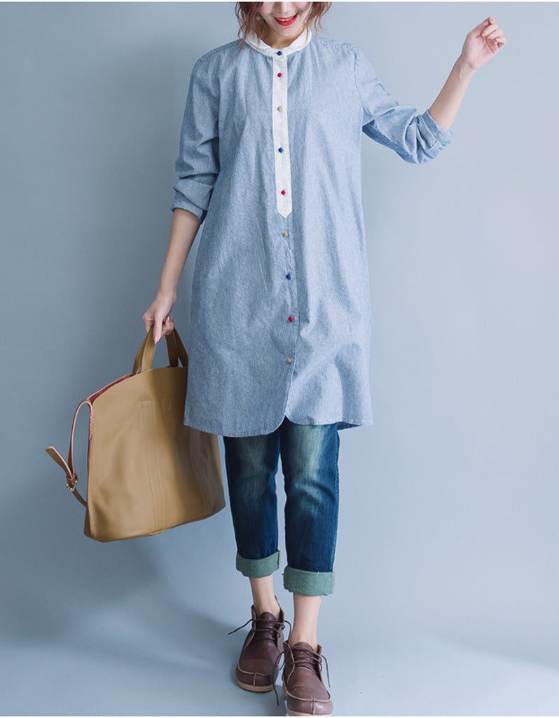 Oversized long sleeved striped shirt dress with multi-coloured buttons