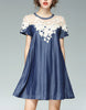 Short sleeve A-line denim dress with embroidery and beads