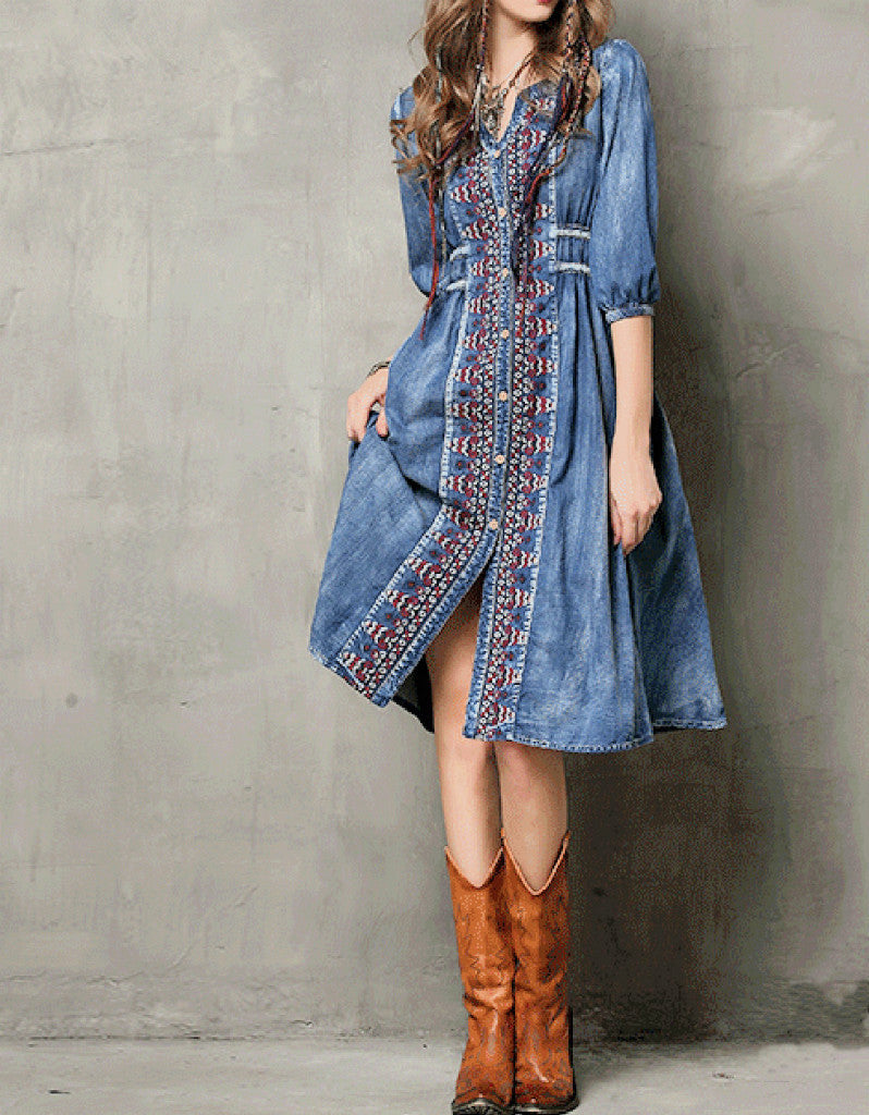 Mid-length sleeve front embroidery denim dress