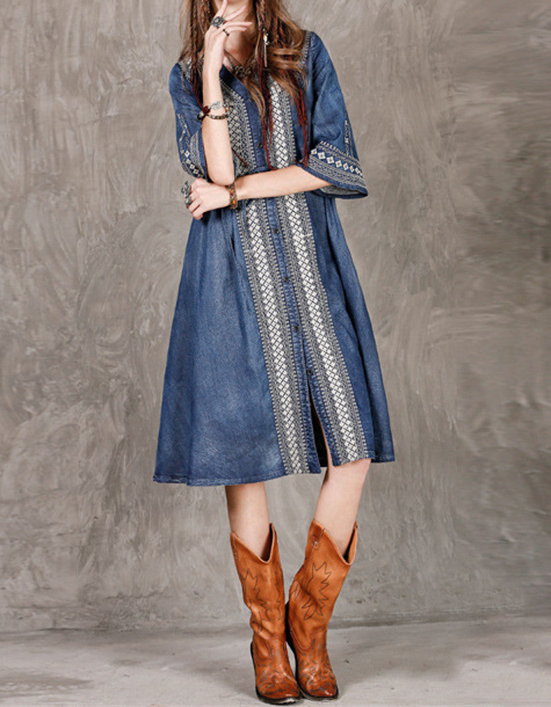 Mid-length sleeved front embroidery denim dress