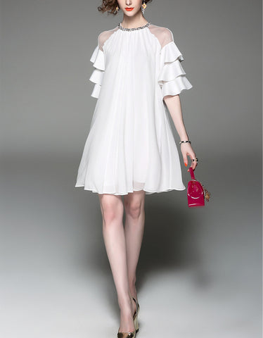 3/4 sleeve V-neck knitted pleated mid-length dress (More colours)