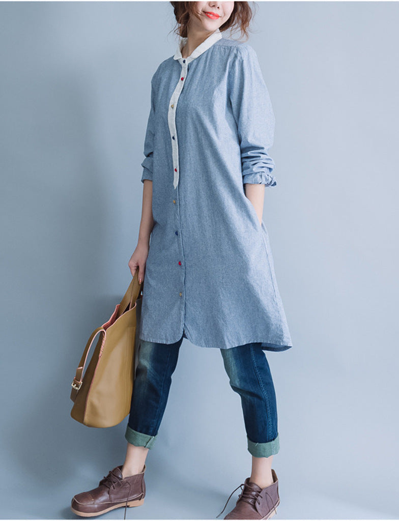 Oversized long sleeved striped shirt dress with multi-coloured buttons