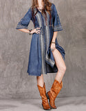 Mid-length sleeved front embroidery denim dress