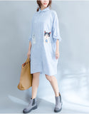 Oversized long sleeved striped shirt dress with kitty picture