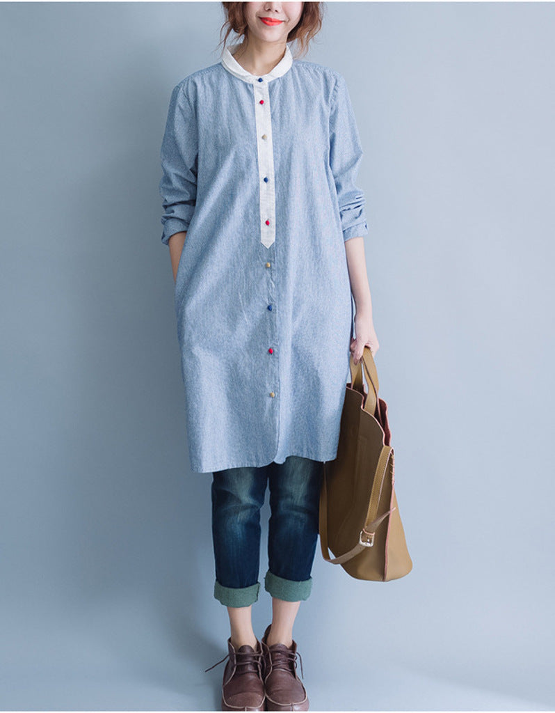 Oversized long sleeved striped shirt dress with multi-coloured buttons