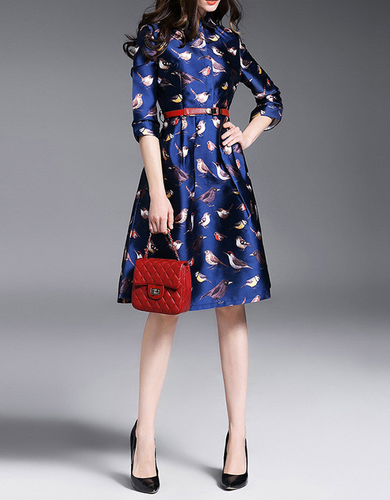 Mid-length sleeved A-line mid-length dress with birdie prints