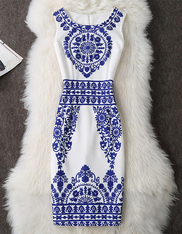 Deep V patterned short sleeve A-line long dress