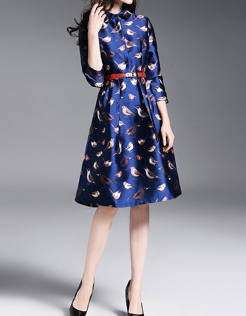 Mid-length sleeved A-line mid-length dress with birdie prints