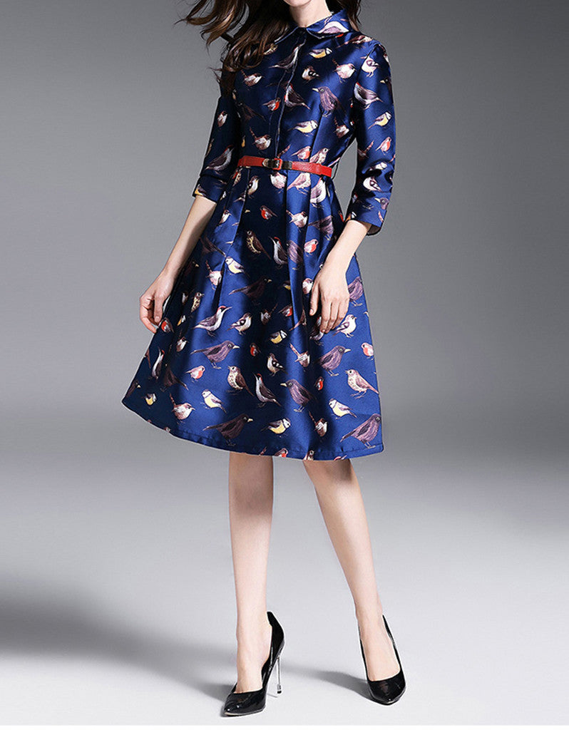 Mid-length sleeved A-line mid-length dress with birdie prints