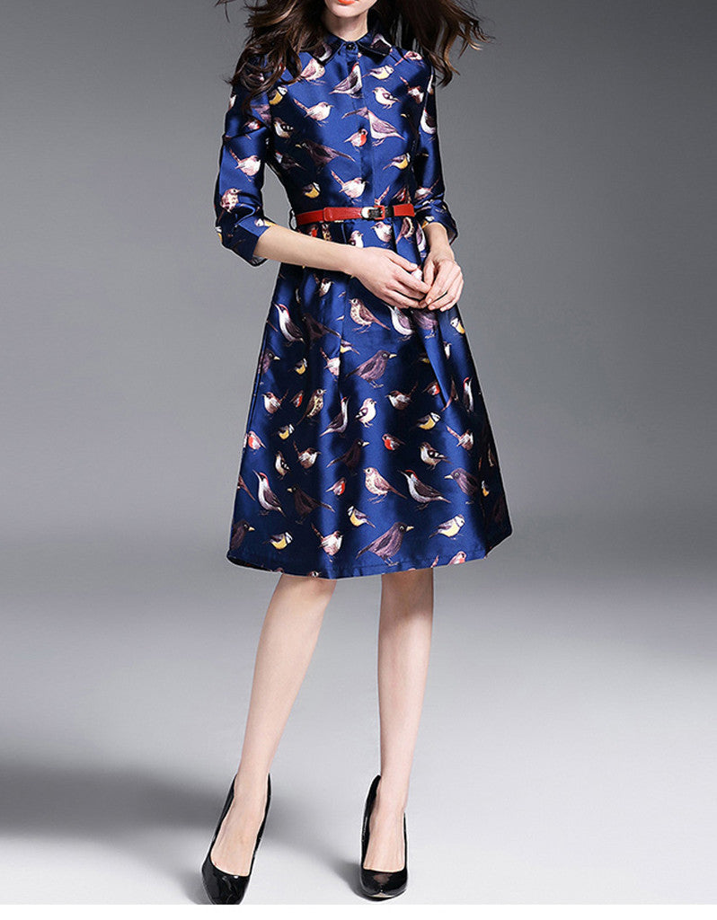 Mid-length sleeved A-line mid-length dress with birdie prints