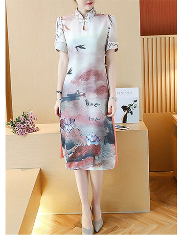 Mid-length sleeve floral printed tailored cheongsam with flared bottom