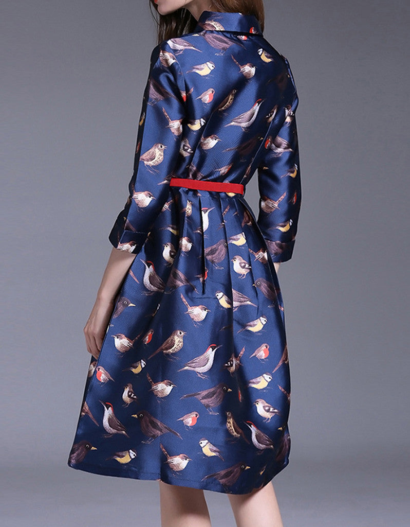 Mid-length sleeved A-line mid-length dress with birdie prints