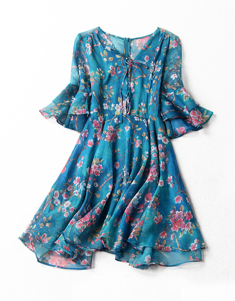 Mid-length flared sleeves short floral flared print dress